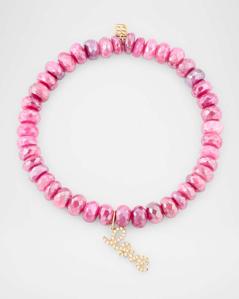 Red Moonstone Bead Bracelet with Love Script Diamond Charm